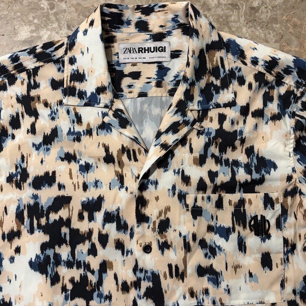 Zara Rhuigi Shirt Mens Medium Leopard Cheetah Print Woven Loop Collar Rhude